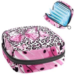 MUOOUM Roze Vlinder Luipaard Patroon Maandverband Opbergtas Menstruatie Pad Tas Draagbare Menstruatie Cup Pouch met Rits voor Tiener Meisjes Vrouwen Dames