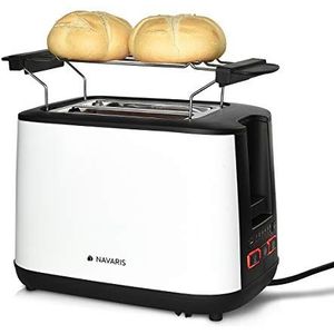 Navaris Broodrooster met Dubbel Rek - Met Broodjesopzetstuk en 2 Extra Grote Toastsleuven - 6 Standen voor Toast Perfectie - 1000 W - Wit