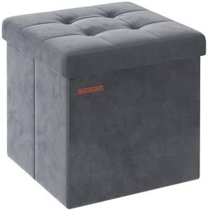 SONGMICS Poef met opbergruimte, kleine inklapbare zitbank, 38 x 38 cm voetenbank, opbergdoos, tot 300 kg belastbaar, voor woonkamer, slaapkamer, slaapzaal, leigrijs LSF227G01