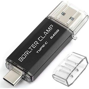BorlterClamp 64GB Type-C USB Stick 3.0 OTG Geheugenstick 2 in 1 USB-Flashstation voor Android-Smartphones Samsung S10/S9/S8/Note 9, Huawei, LG, enz., Tablets en Computer (Zwart)