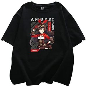 Genshin Impact T-shirt Amber Cosplay Kostuum Tees Mode Casual Losse Harajuku Anime Game Korte Mouw T-shirt Tops voor Volwassenen Tieners, Zwart, XS