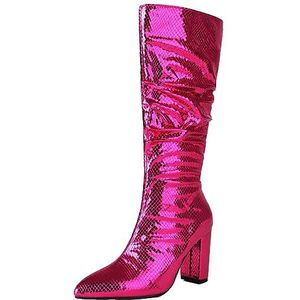 SJJH Sexy kniehoge dameslaarzen met stiletto-hakken en puntige kant, roze, 41 EU
