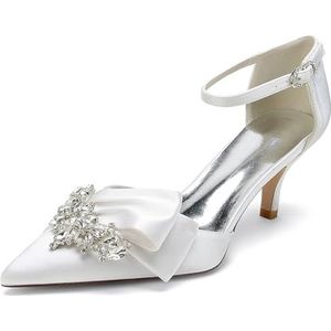 Dames Aangerichte Teen Kitten Hakken Satijnen Bruids Pumps Enkelsluiting Bruiloft Prom Party Jurk Schoenen,Wit,36 EU