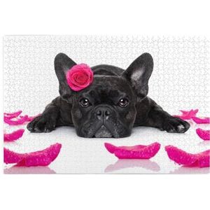 Franse Bulldog Hond Valentijnsdag Roze, Puzzel 1000 Stukjes Houten Puzzel Familie Game Wanddecoratie