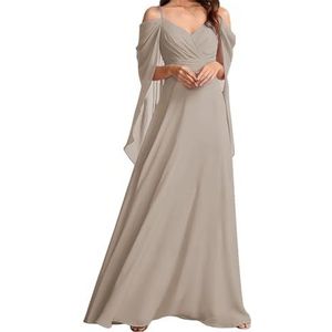 AHERKLL Koude Schouder Bruidsmeisjes Jurken voor Bruiloft Spaghetti Band Chiffon Formele Avond Party Maxi Jurk Lange HAH049, Taupe, 32