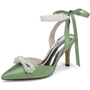KYEGLO Satijnen Afstudeerschoenen Voor Dames Met Parelstrik, Puntige Neus, Hoge Hak En Parelriempje Om De Enkel, Perfect Voor Bruiloften En Schoolfeesten,Light green,36