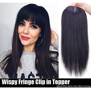 3D Wispy Fringe Voorhoofd Haarstukje Clip in Rechte Midden Scheiding Topper voor Vrouwen Met Dunner Worden 25 cm Donkerzwart