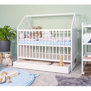 Alcube Babybed Compleet Set 60x120 cm Charlie met matras en lade I Huisbed Ledikant 120x60 in hoogte verstelbaar en om te bouwen Massief houten babybed Peuterbed Kinderbed - Wit