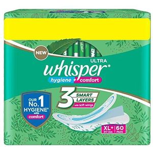 Whisper Ultra Clean maandverband voor vrouwen|60 dunne pads|XL+|Hygiëne & Comfort|Zachte vleugels|Droog topvel|Geschikt voor zware stroom|Geurvrij|12,5 inch lang|Met wegwerpfolie