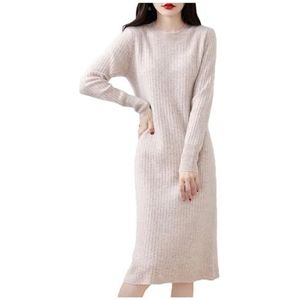 Pegsmio Vrouwen Winter Wol Gebreide O-hals Trui Lange Mouw Knitwear Kasjmier Jurken, Lichtbruin grijs, L