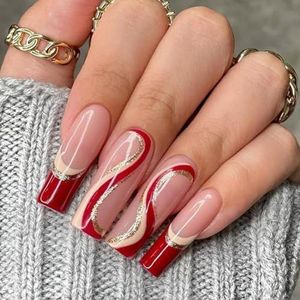 Coffin False Nails French Long Fake Nails Glitter Lines Press on Nails Ballerina Acrylic Stick on Nails 24pcs for Women and Girls, with solid glue, nail lamp