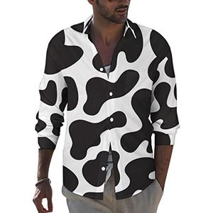 Zwart-wit koeienhuid heren revers shirt met lange mouwen button down print blouse zomer zak T-shirts tops L