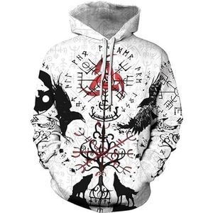 Mannen Vikings Tattoo Noorse Mythologie 3D geprintRaven kompas patroon retro Hoodie Pullover, Harajuku Valknut Pocket Casual Jas Pullover Herfst (Color : Color, Size : XXXL)