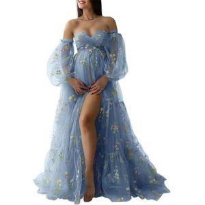 KIYNE Zwangerschapsjurk voor dames, met bloemenborduurwerk, tule, zwangerschapsjurk voor fotoshoot, vogeljurk, zwangerschapsjurk voor babyborrel, Dusty Blauw, 32