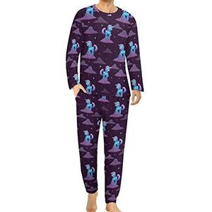 Little Cartoon Blauwe Eenhoorn Comfortabele Heren Pyjama Set Ronde Hals Lange Mouw Loungewear met Zakken 4XL