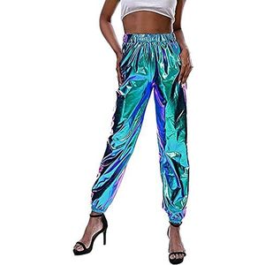 Bienwwow Womens Metallic Glanzende Jogger Broek Hoge Taille Hip Hop Harem Pant Holografische Kleur Casual Broek Streetwear Sweatpants, Blauw, XL