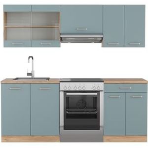 Vicco Kitchenette R-Line Solid eiken blauw grijs 200 cm moderne keukenkasten keukenmeubel