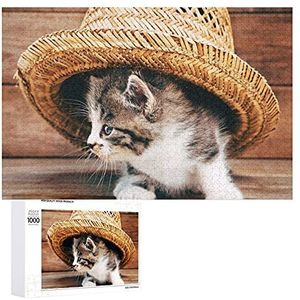 Kat met hoed puzzel voor volwassenen gepersonaliseerde houten puzzel foto kunstwerk voor thuis wanddecoratie cadeau 1000 stuks