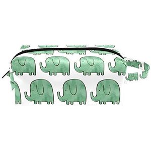 Groen olifant patroon waterdichte cosmetische tas voor vrouwen meisjes, lederen toilettas met handvat en rits, draagbare vierkante make-up tas