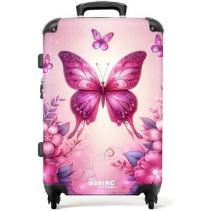 NoBoringSuitcases.com © Reiskoffer Harde koffer Trolley Kinderkoffer Grote koffer Reiskoffer met 4 wielen, TSA-slot (Roze vlinders tussen roze bloemen en glitters), (Middelgroot 67x43x25 cm)