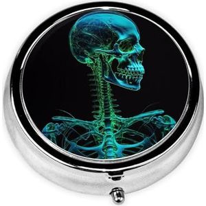 Pillendoosje met spiegel, retro pillendoosje met 3 compartimenten, groen skelet, kleine pillenorganizer voor portemonnee of zak, decoratieve metalen medicijnen, vitamine-organizer, unieke geschenken
