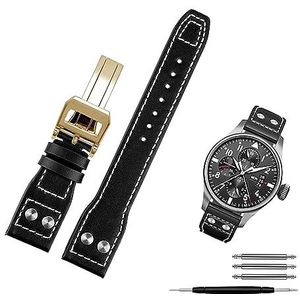 INSTR Echt Rundleer Klinknagels Horlogeband Voor IWC Big Pilot Spitfire Mannen Horloge Band Met Vouwsluiting 21mm 22mm (Color : Black gold clasp, Size : 22mm)