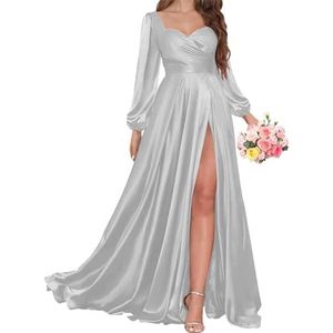 AHERKLL Bruidsmeisjesjurken met lange mouwen voor bruiloft, satijnen formele avondfeest, maxi-jurk met split HAH056, Zilver, 34