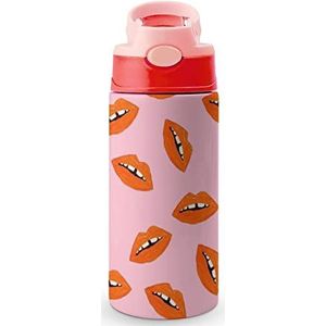 Oranje Sexy Lippen 12 oz waterfles met rietje koffie beker water beker roestvrij staal reizen mok voor vrouwen mannen roze stijl