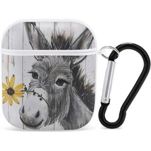 Leuke Ezel met Daisy Bloem Leuke Case Voor AirPods 2&1 Schokbestendige Beschermende Hoofdtelefoon Gevallen Cover Met Sleutelhanger Voor Mannen Vrouwen