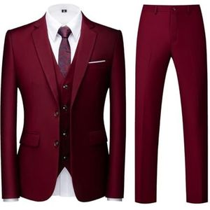 Mannen, Pakken, driedelig, Slim Fit, Single Breasted, Twee Knoppen, Bruiloft, Smoking, Pak, Blazer, Vest, Broek, Bordeaux, XL