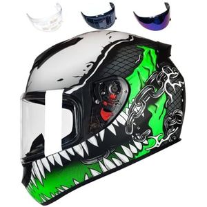 Volledige racemotorcrosshelm met helder en getint vizier, DOT-typegoedgekeurde fietshelm (XXL)(LV111-Green Venom,Large)