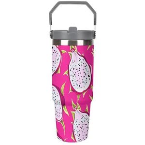 30 oz roestvrij staal geïsoleerde beker met klapdeksel en rietje, lekvrije reismok voor auto, rode draak fruitpatroon, dubbelwandige vacuüm thermische koffiekop met handvat, morsbestendig ontwerp voor