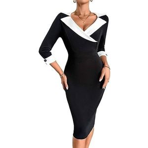 jurken voor dames Bodycon-jurk met contrasterende kraag - Elegante midi-jurk met kleurvlakken en revers (Color : Noir, Size : X-Small)