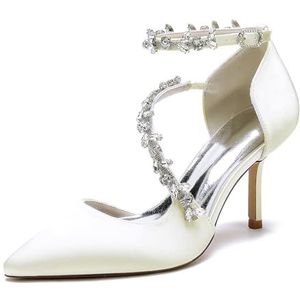 EICOFF Bruids Vrouwen Satijn Stiletto Hak Hakken Pumps Gesloten Spitse Teen Enkelband Strass Sandalen Bruiloft Business Dressy Schoenen,ivoor,35 EU