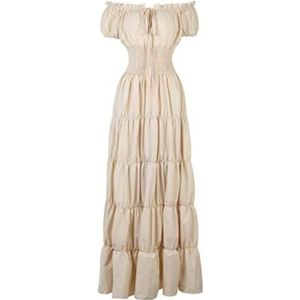 Vrouwen Middeleeuwse Renaissance Jurk Boho Korte Mouwen Off Shoulder Gesmokte Taille Retro Geplooide Lange Jurk Kostuum(Beige,XXL)