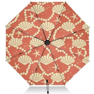FRODOTGV Seashells koralen oranje reisparaplu opvouwbare omgekeerde reisparaplu voor regen regen 8 ribben grote winddichte UV-paraplu automatisch voor mannen