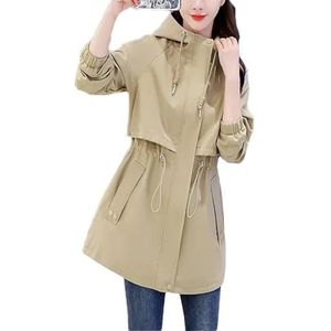 Dvbfufv Dames middellange trenchcoat dames lente herfst losse Koreaanse casual jas met capuchon dames jas, Kaki, S