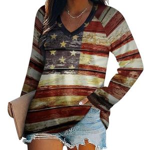 Amerikaanse houten vlag dames casual T-shirts met lange mouwen V-hals bedrukte grafische blouses T-shirt tops XL