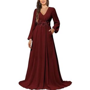 KURFACE Bruidsmeisjesjurk met lange mouwen en zakken, kanten applicatie, chiffon, moederjurk van de bruid, Bordeaux, 34