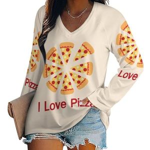I Love Pizza Casual T-shirts met lange mouwen voor dames, V-hals bedrukte grafische blouses T-shirt tops M