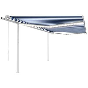 Homgoday Zonneluifel automatisch met led en windsensor, scharnierarm, zonnescherm, balkonluifel, zonwering, in hoogte en hoek, verstelbaar, voor terras, balkon, 4,5 x 3,5 m, blauw-wit