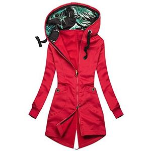 Damesregenjas, lange mode, lange mouwen, blouse, bedrukt, overgangsjas voor dames, herfst, jas met capuchon, outwear, zak, ritssluiting, windbreaker, herfst, outdoorjas, windjack, rood, XX-Large, Casual