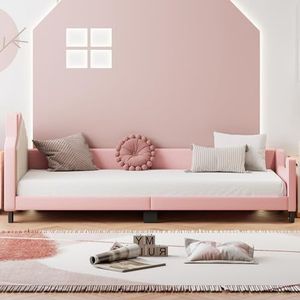 Moimhear Gestoffeerd bed 90 x 200 cm, kinderbed, PU-leer, kinderslaapbank met hoofd- en voeteneinde, rugleuning jongens- en meisjeshuisbed (roze)