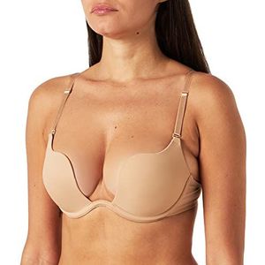 Wellyu BH's voor vrouwen sexy push-up decolleté plunge beha diepe U Multiway Convertible lage rug beha met duidelijke riem, Abrikoos, 90D