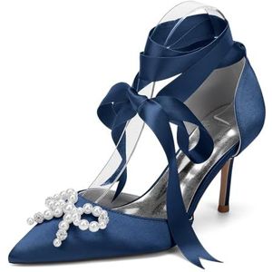 EICOFF Dames Puntige Teen Parel Pumps Satijn Bruids Hoge Hakken Gesloten Teen Trouwschoenen Slip on Enkelband Party Jurk Schoenen,Dark blue,35 EU