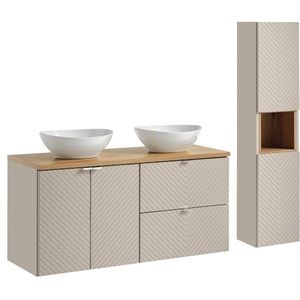 Lomadox Badkamermeubel set 2-delig in kasjmier en eiken met 120 cm dubbele wastafel met keramische wastafel en hoge kast, gegroefd front, wandhangend