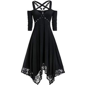 Jurk voor vrouwen, UK Plus jurk, gothic, korte jurken voor vrouwen, Britse maat, schouder, kant, half gothic, open Halloween damesmouw, damesjurk, feestjurken voor vrouwen, VK grote maat, Zwart, XXL