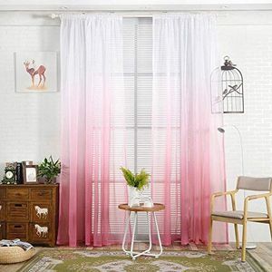 ASHATA Doorlopende transparante tule deur, raamgordijn met stangzak, gordijn voor slaapkamer, balkon, woonkamer, eetkamer (roze kleurverloop)