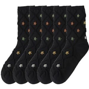 YIJIANUO 5 paar halfhoge sokken voor dames, kleine bloemen, kleurblokkering, Japanse ins mode, meisjes, lente, herfst, dunne lange sokken, 5 paar marineblauw, One size