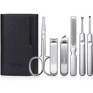 Nagelknipperset Nagelknipperset, 6-delige roestvrijstalen professionele manicureset pedicureset, draagbare nagelschaar verzorgingsset met lederen reisetui Pedicurehulpmiddelen voor voeten (Color : Zw